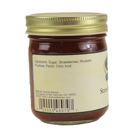 Back side of 9 oz. strawberry rhubarb jam jar displaying ingredient label in jams and jellies collection