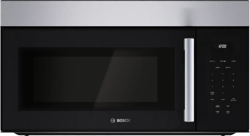 Black and stainless steel over-the-range microwave with left side opening door and digital control panel in Bosch appliances collection