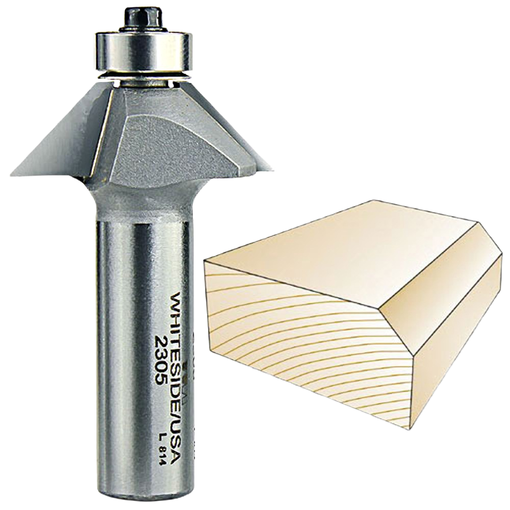 45-degree chamfer router bit for woodworking with cutting edges and sample beveled wood piece for tool accessories collection