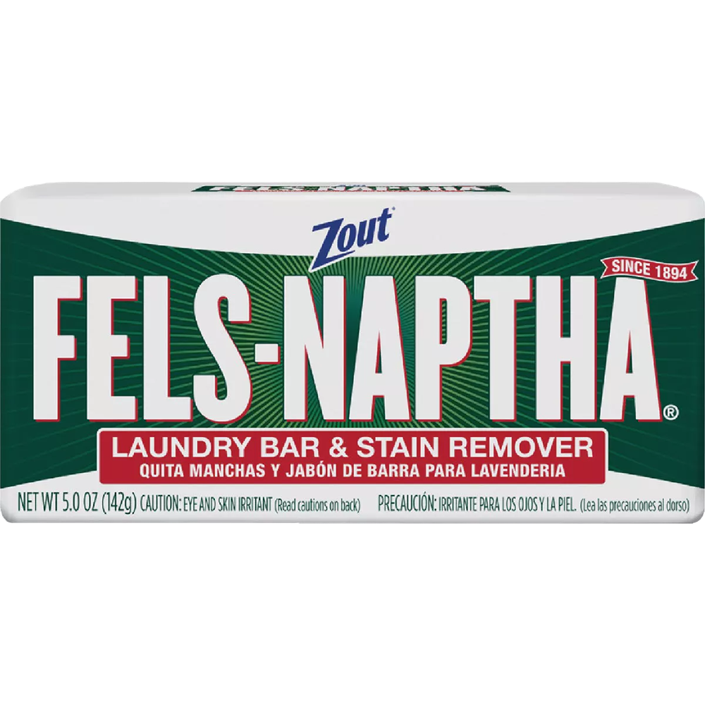 Green and white Fels-Naptha laundry bar packaging with red text highlighting stain removal for home use