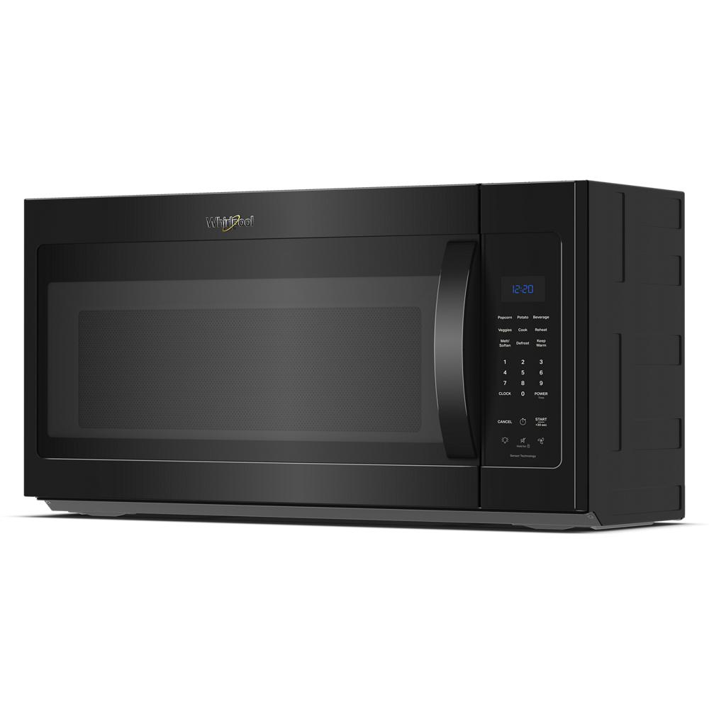 Black Whirlpool over-the-range microwave with sensor cooking controls and digital display for kitchen appliances