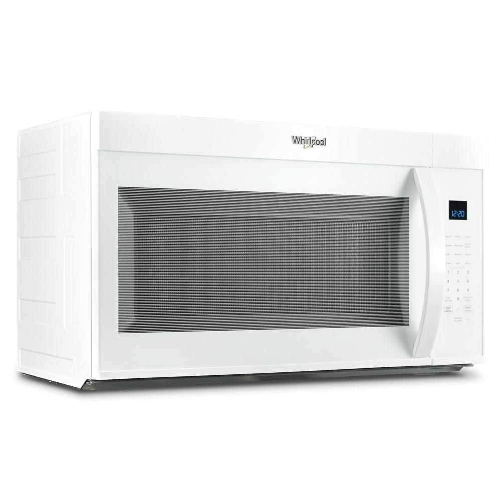 White Whirlpool sensor cooking over the range microwave with digital display and curved door handle in Microwaves collection