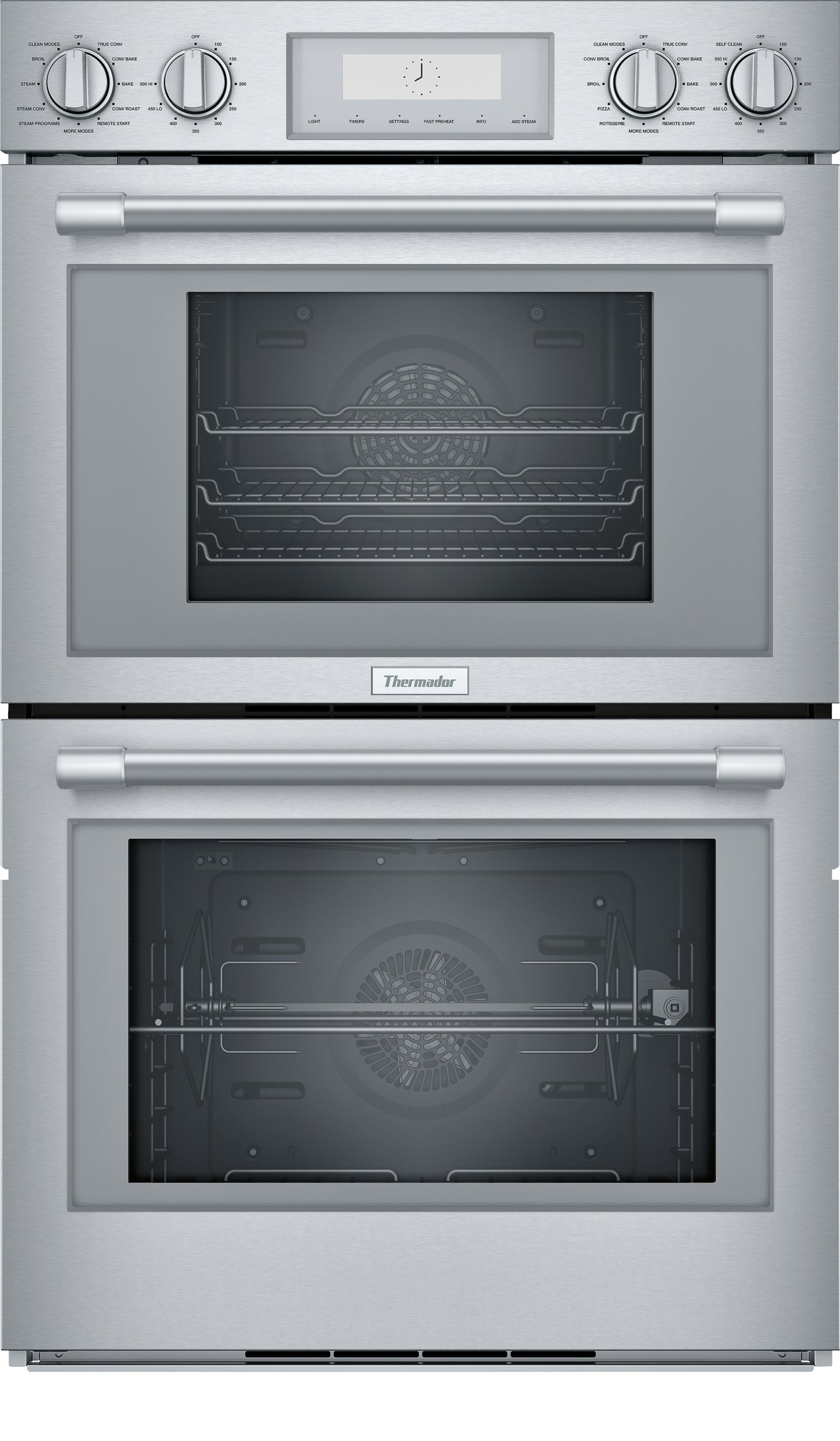 Stainless steel double wall oven with steam function and digital control in kitchen and appliances collections