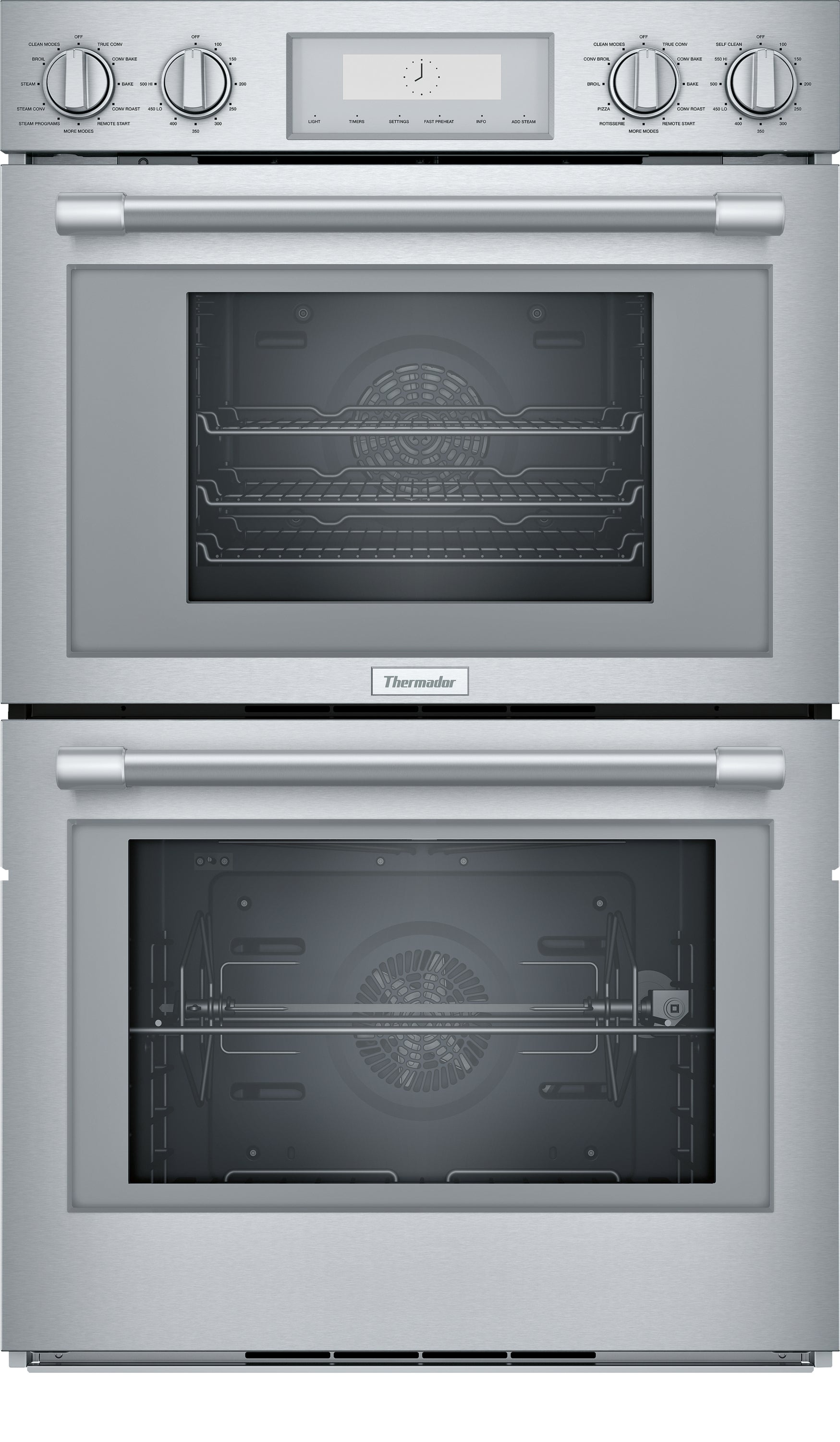 Stainless steel double wall oven with steam function and digital control in kitchen and appliances collections