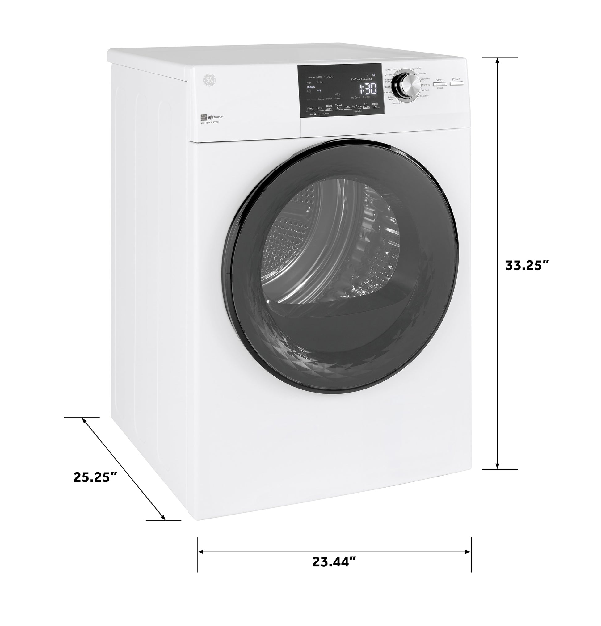 Front-load vented electric dryer in white with digital controls and clear door, showing dimensions for space planning