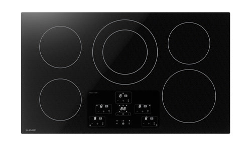 36-inch induction cooktop with five cooking zones, digital touch controls, and European black mirror SCHOTT glass surface