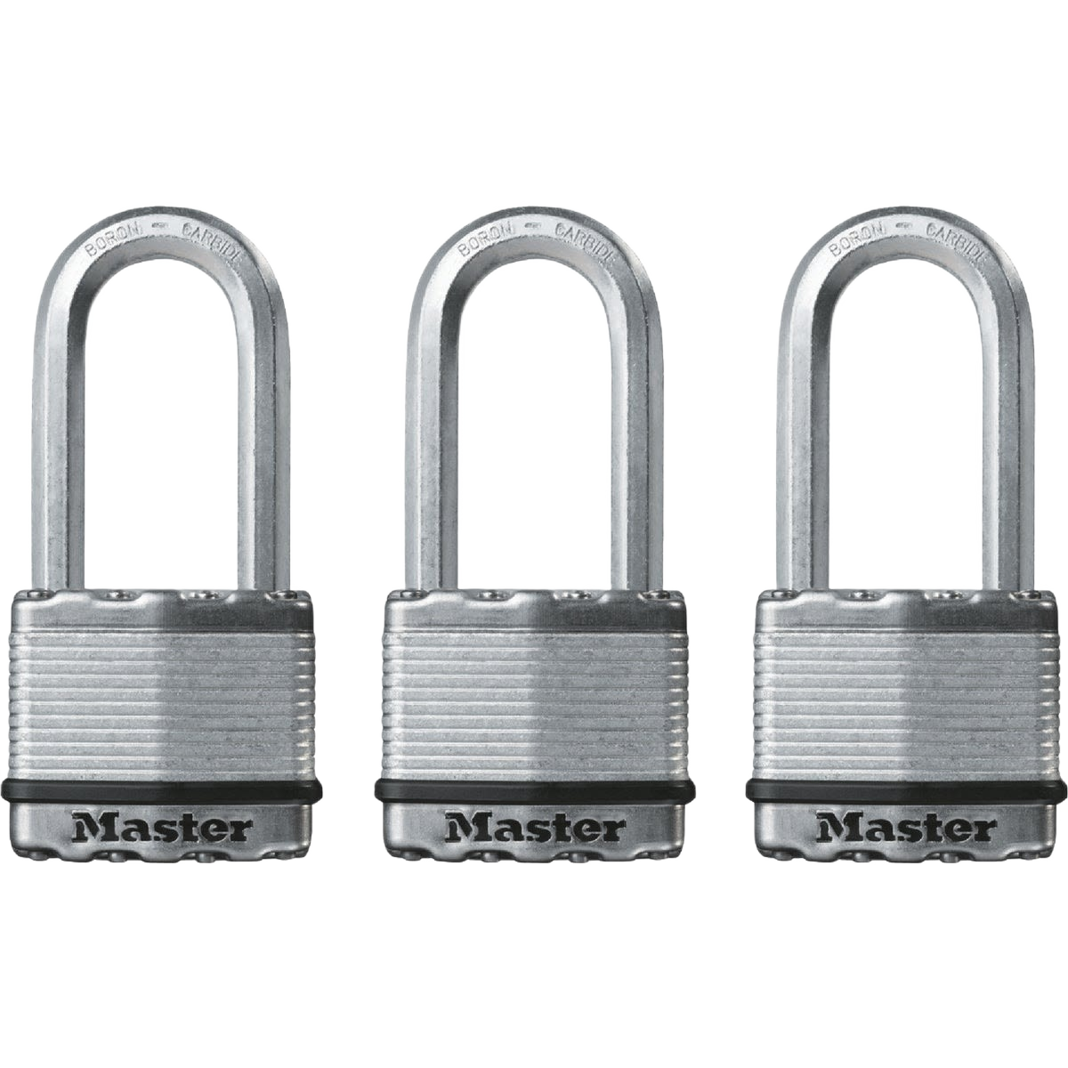 Three solid metal keyed padlocks with long shanks for secure locking in home improvement projects