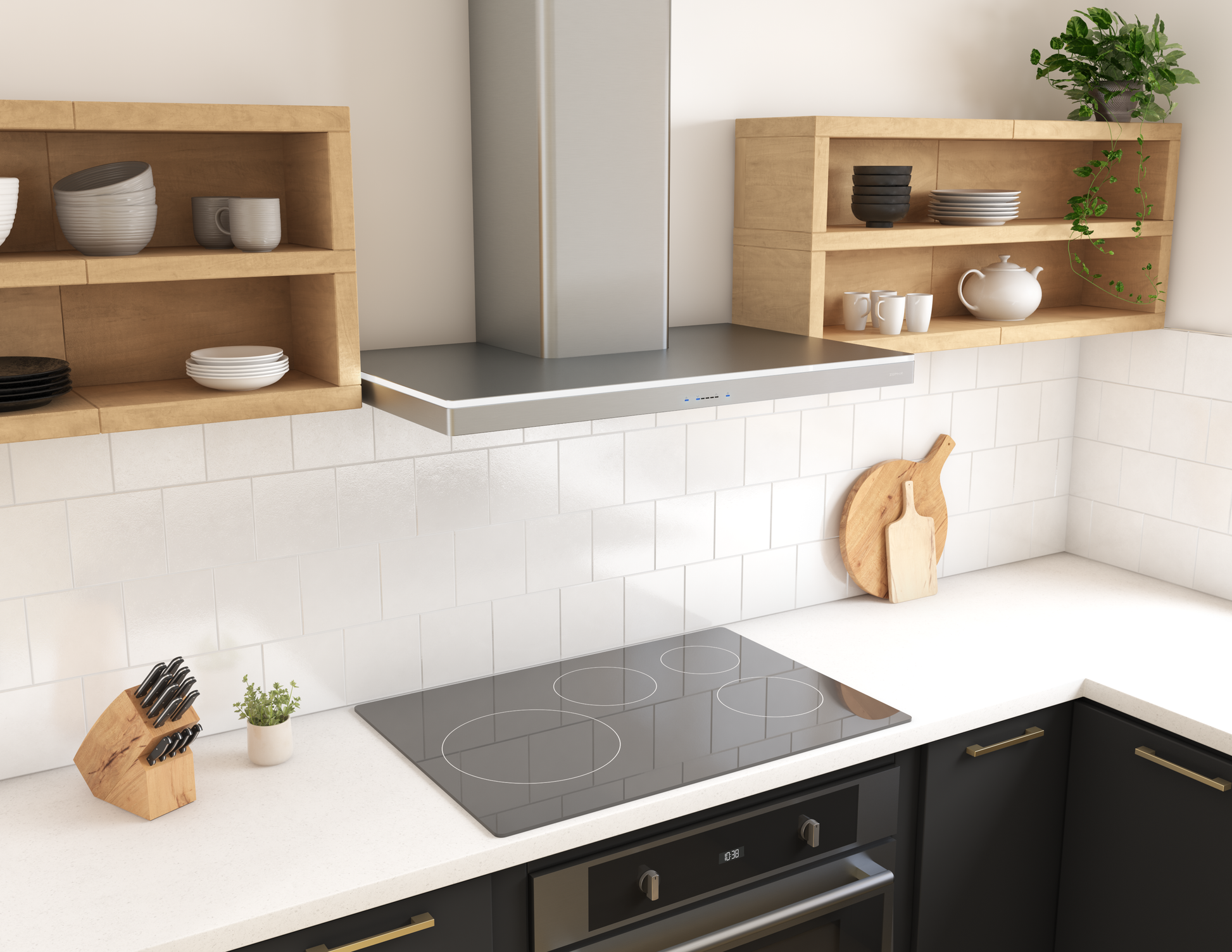 Sleek wall-mounted stainless steel chimney hood with LED lighting above electric cooktop in modern kitchen setting