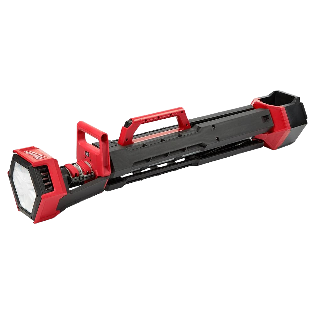 Portable red and black Milwaukee extended LED tower light with dual power for versatile jobsite illumination