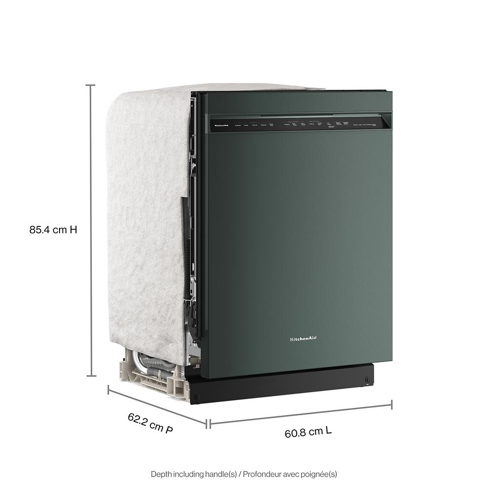 Green KitchenAid dishwasher with control panel on top front, insulated sides, and visible dimensions in appliance setting