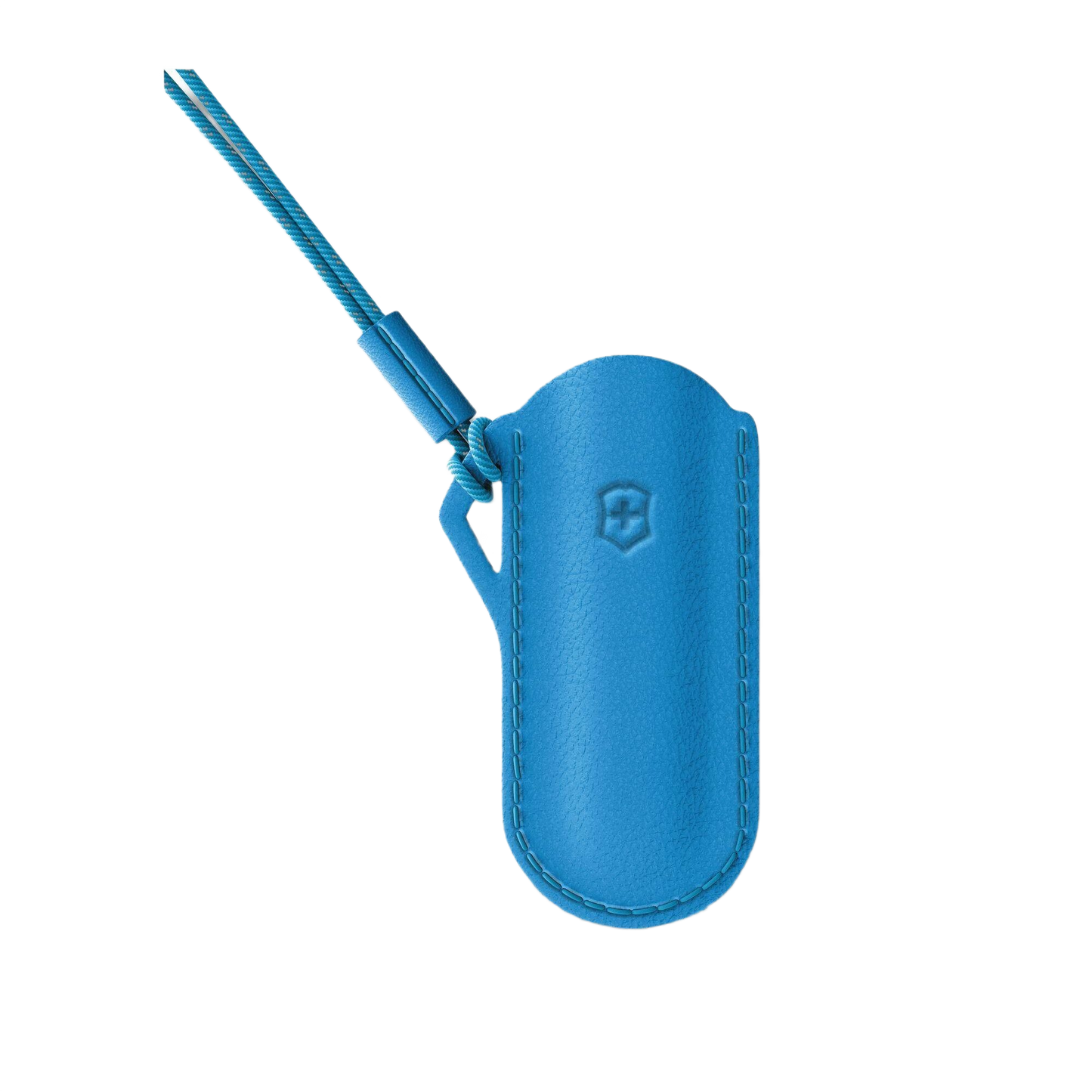 Blue leather pouch with embossed emblem and attached cord for compact tool storage and protection