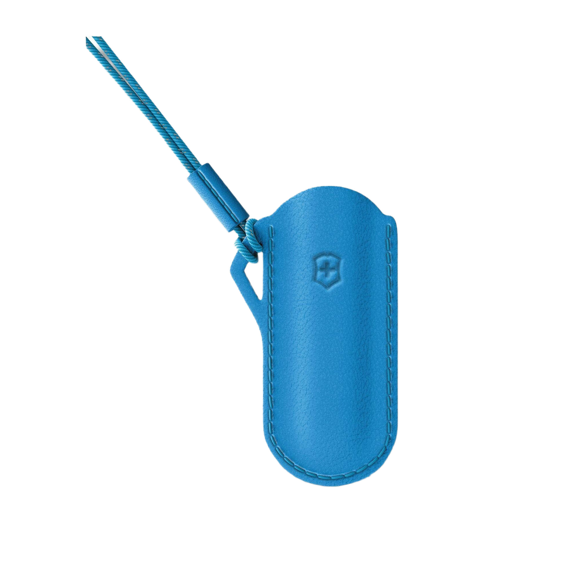 Blue leather pouch with embossed emblem and attached cord for compact tool storage and protection