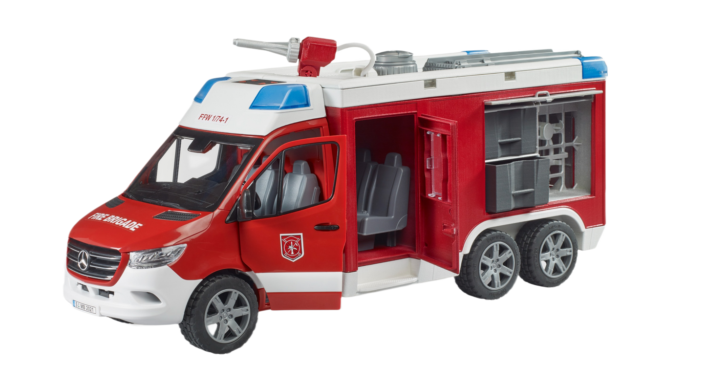 Red and white scaled model fire engine toy with open side door, detailed interior cabin, and emergency module features
