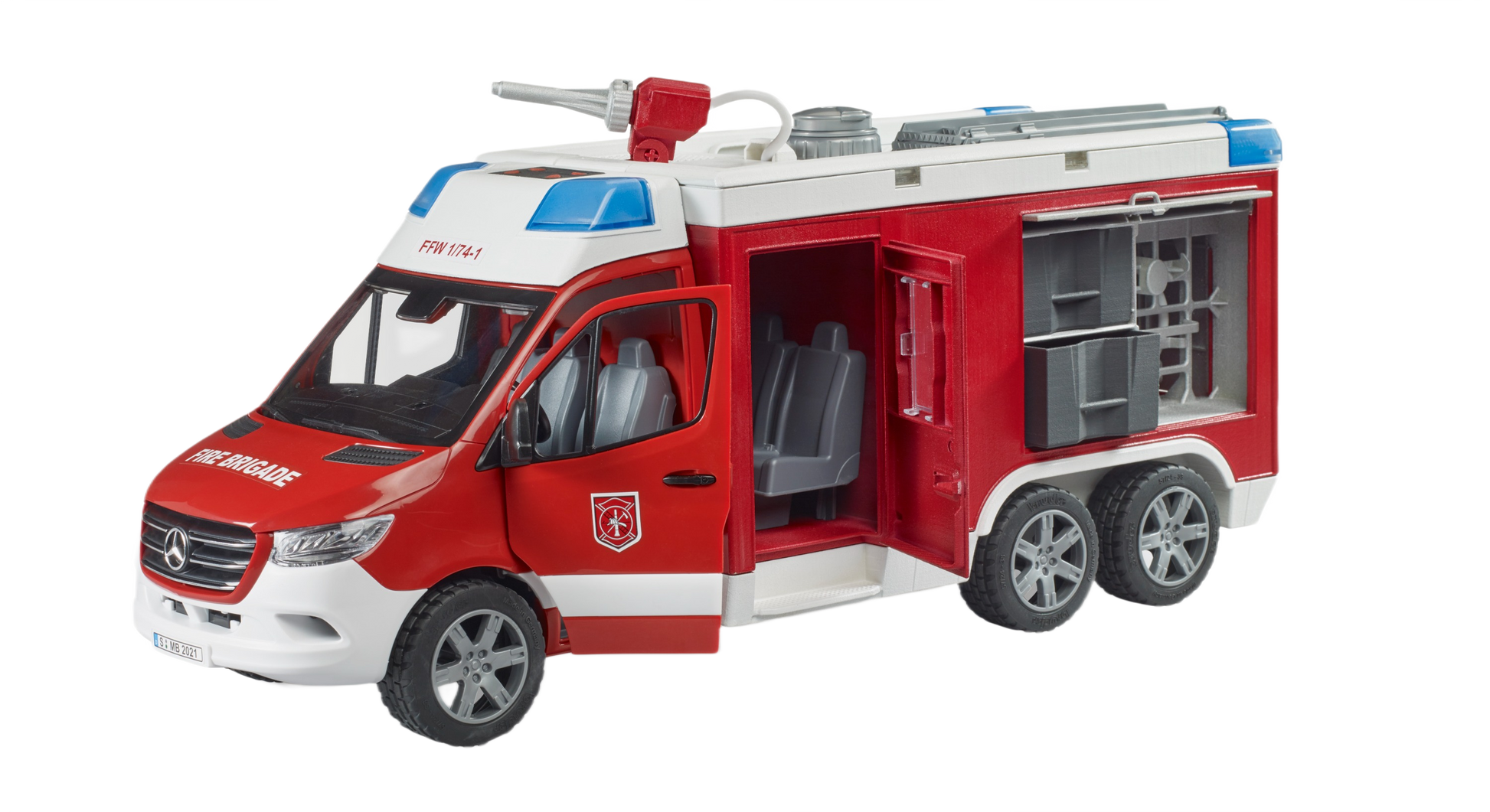 Red and white scaled model fire engine toy with open side door, detailed interior cabin, and emergency module features