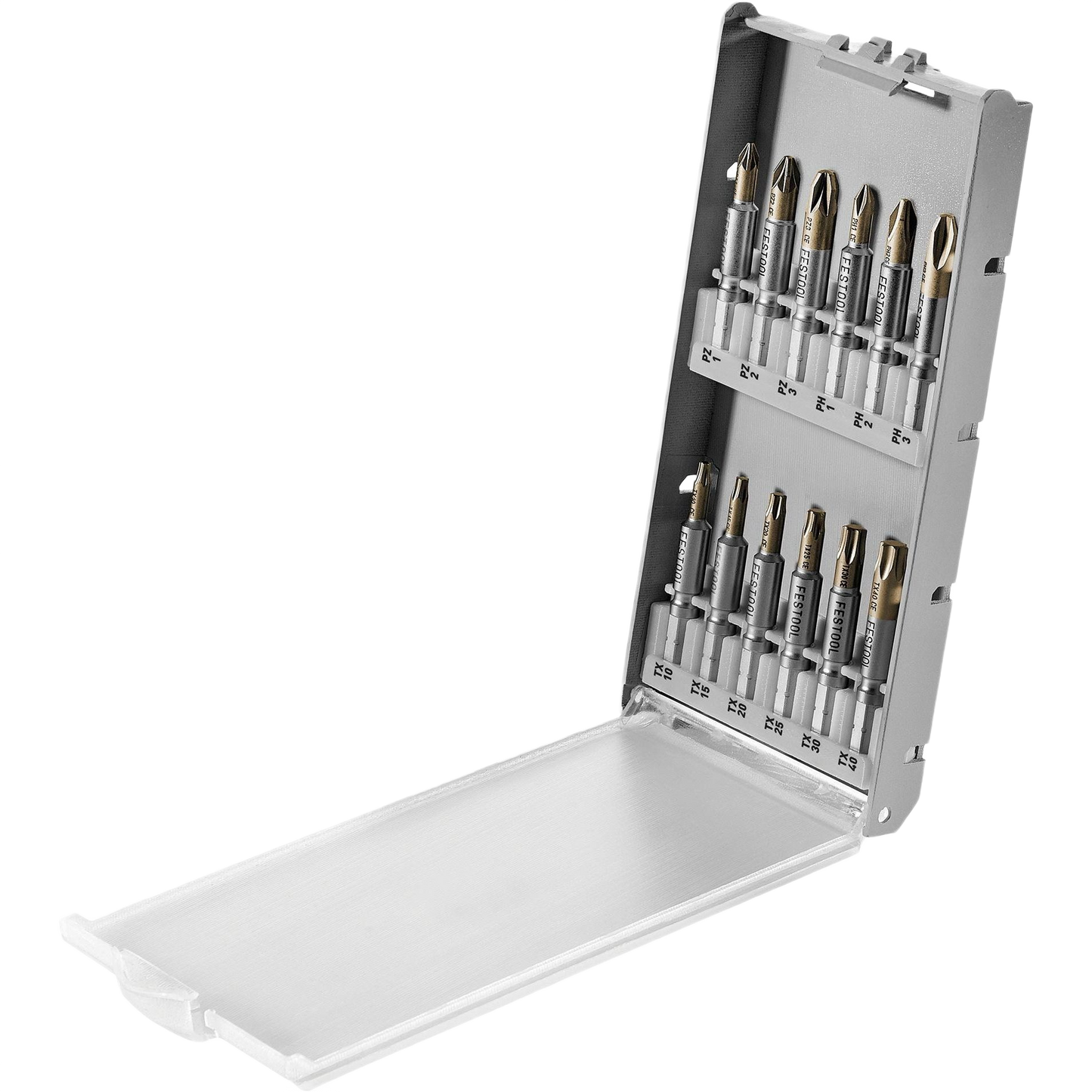 Compact gray bit cassette with organized drill bits for power tool accessories in home improvement collection