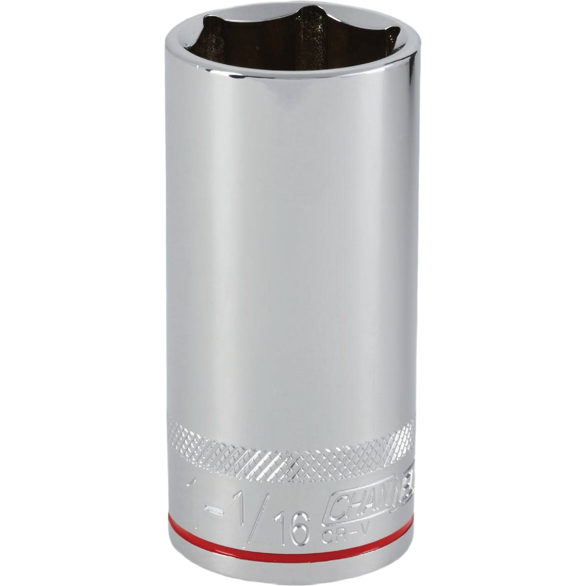 Chrome-finished 6-point deep socket with textured grip band, part of Hand Tools and Sockets & Ratchets collection