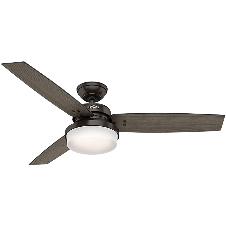Bronze ceiling fan with trio of reversible gray wood blades and integrated LED light for living room decor and lighting