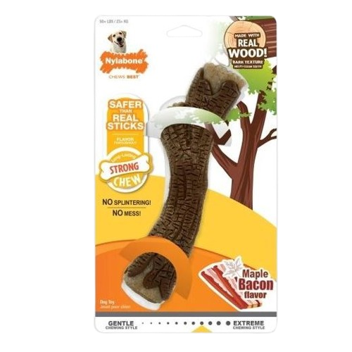 Durable maple bacon flavored dog chew stick with bark texture, designed for strong chewers in pet supplies collections
