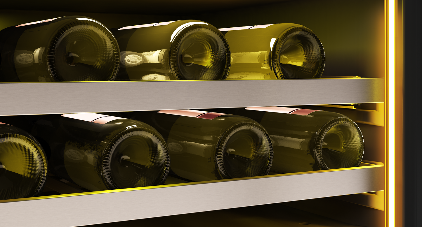 Close-up of wine bottles stored on full-extension wood racks inside a single zone beverage cooler with warm interior lighting