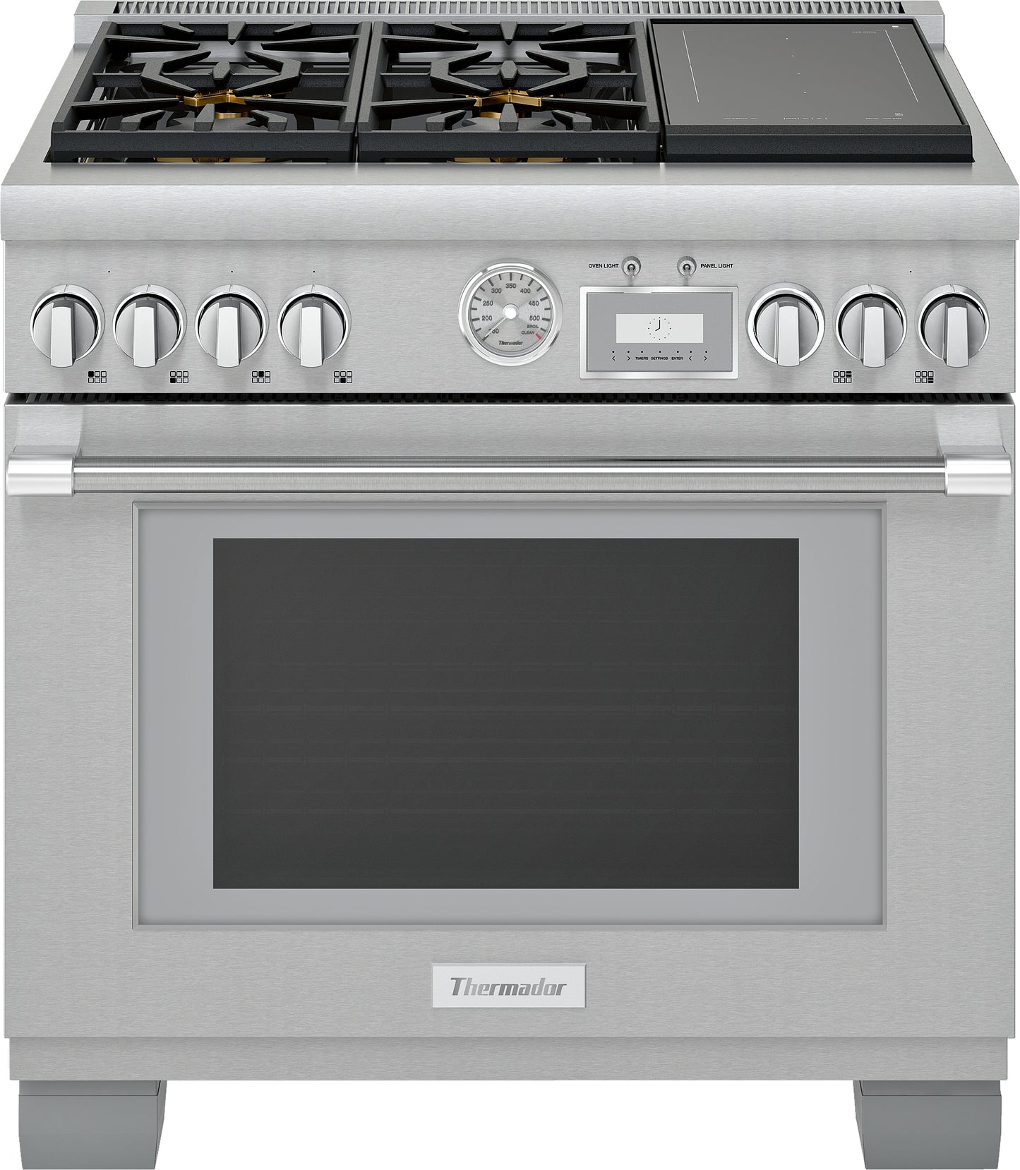 stainless steel dual fuel range with six control knobs, digital display, and multi-zone induction cooktop panels