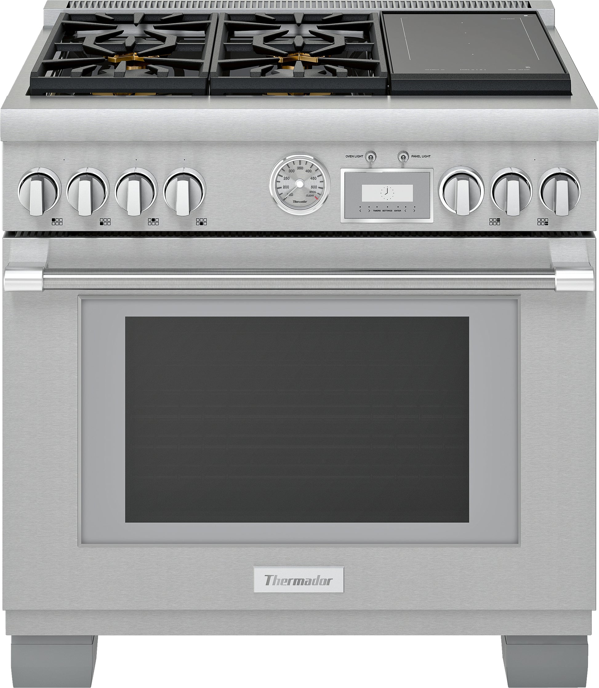 stainless steel dual fuel range with six control knobs, digital display, and multi-zone induction cooktop panels