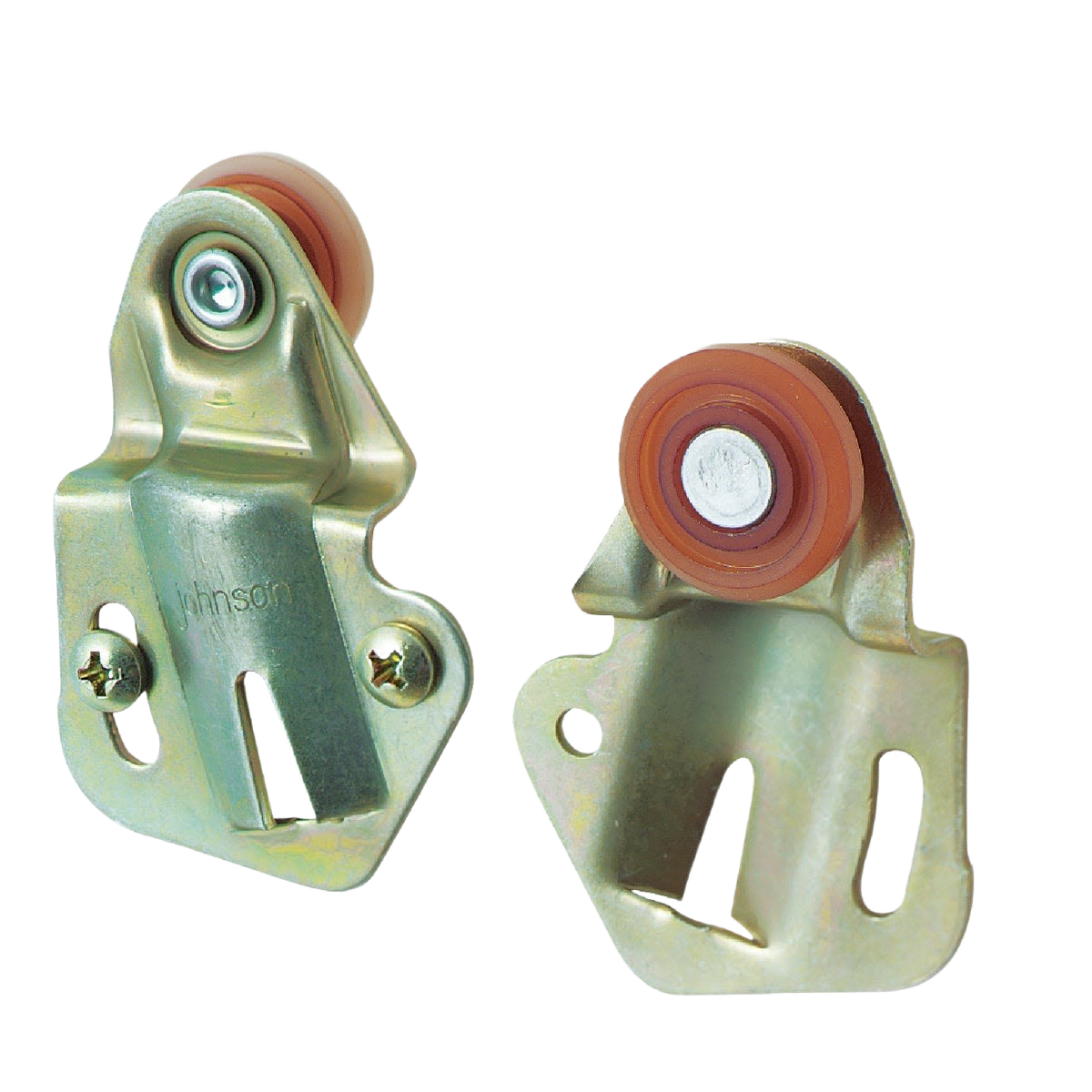Metal replacement door hangers with orange rollers, designed for smooth bypass door operation in home improvement projects
