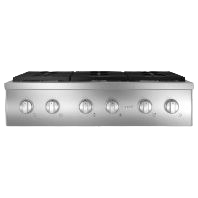 Stainless steel commercial-style gas cooktop with six burners in kitchen and appliances collection