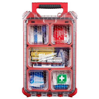 Compact red PACKOUT™ first aid kit with transparent lid and organized compartments for tools and home improvement safety supplies