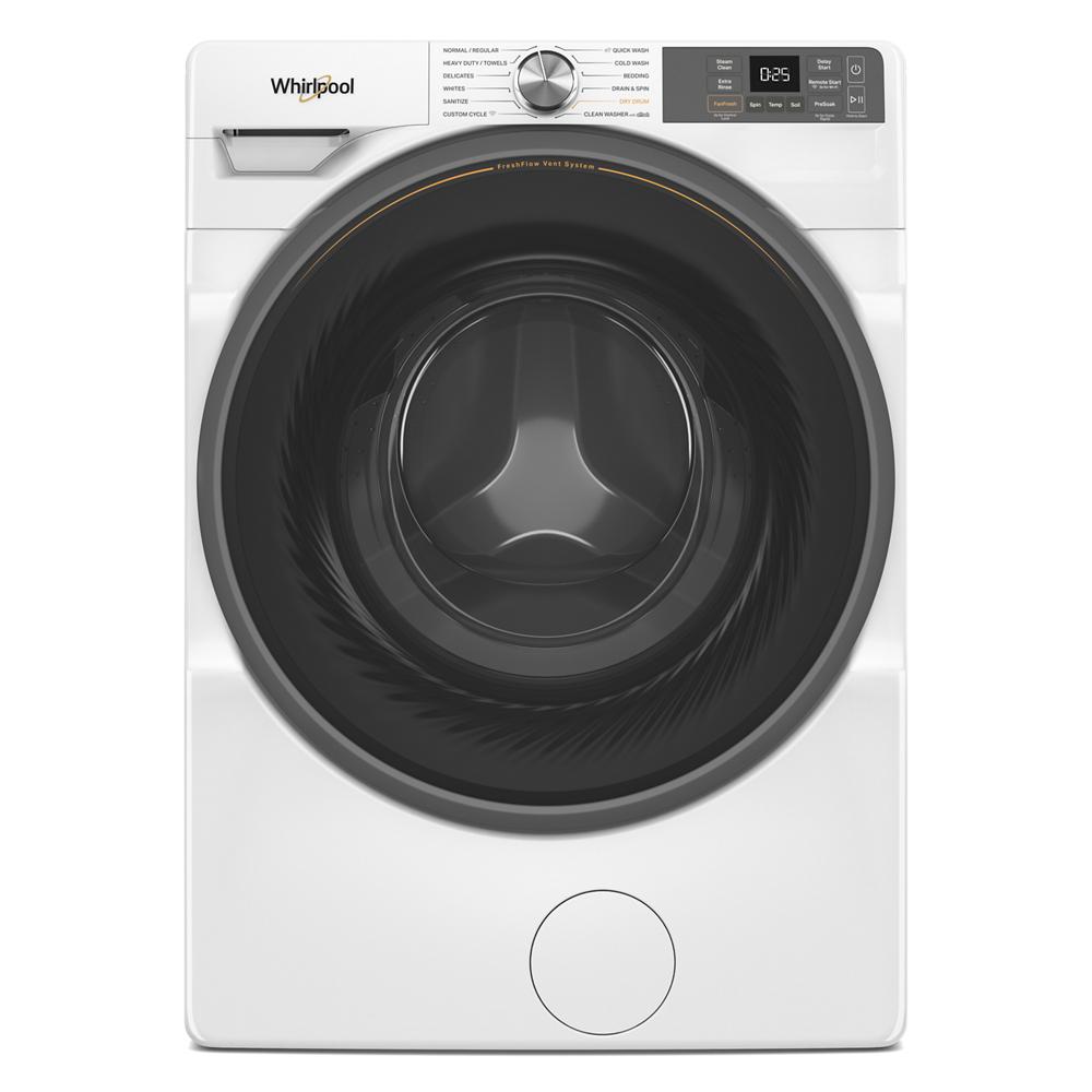 White front load washer with digital controls and large black door from washers and appliances collection