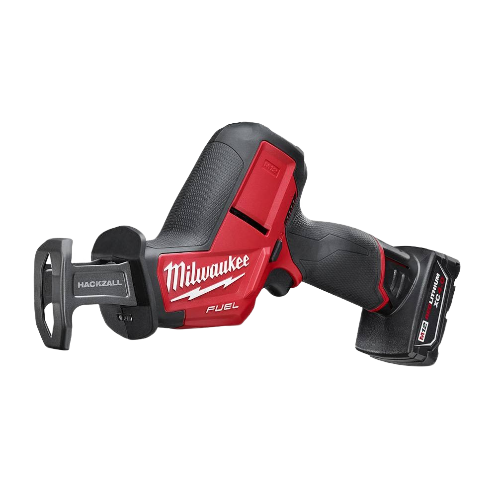 Cordless red and black Milwaukee reciprocating saw designed for efficient home improvement tasks with ergonomic grip and battery pack.