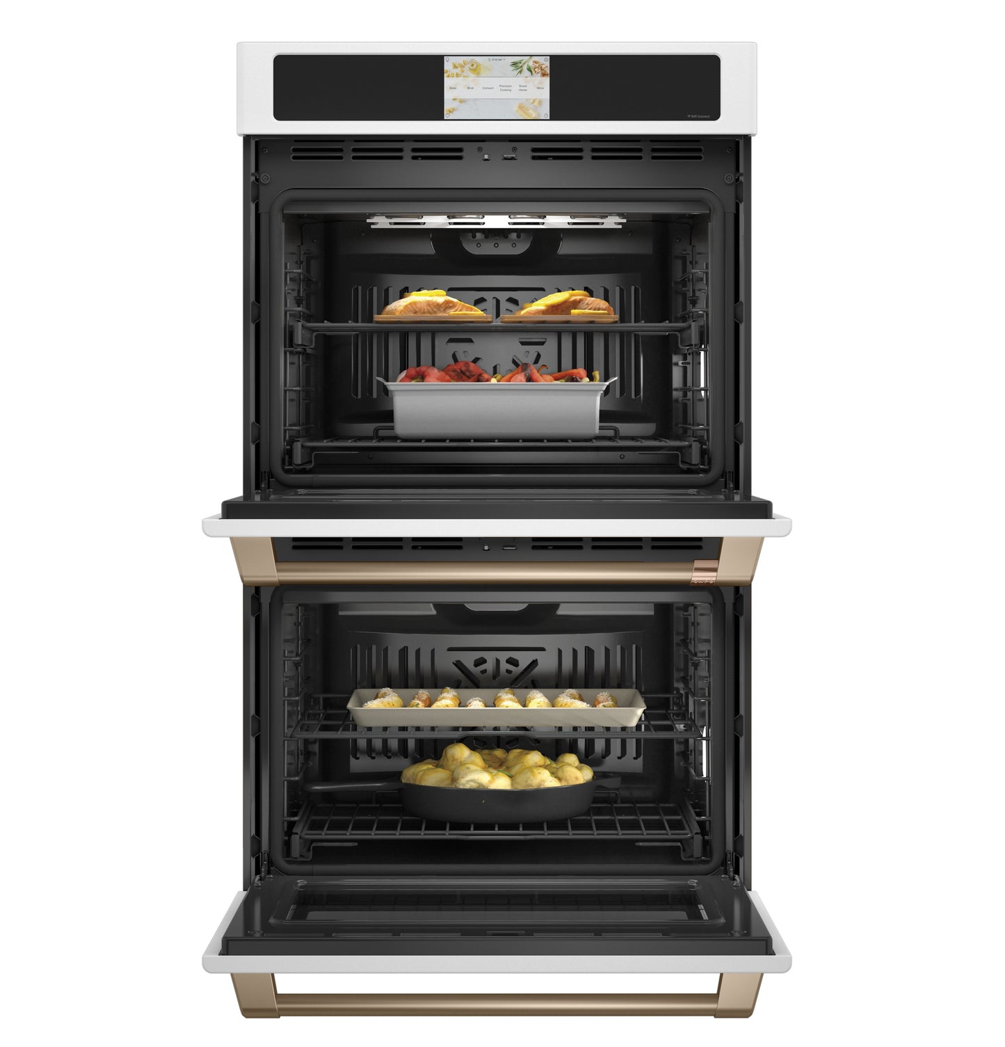 Built-in double wall oven with convection cooking and gold-tone handles shown with food inside from Double Wall Ovens collection