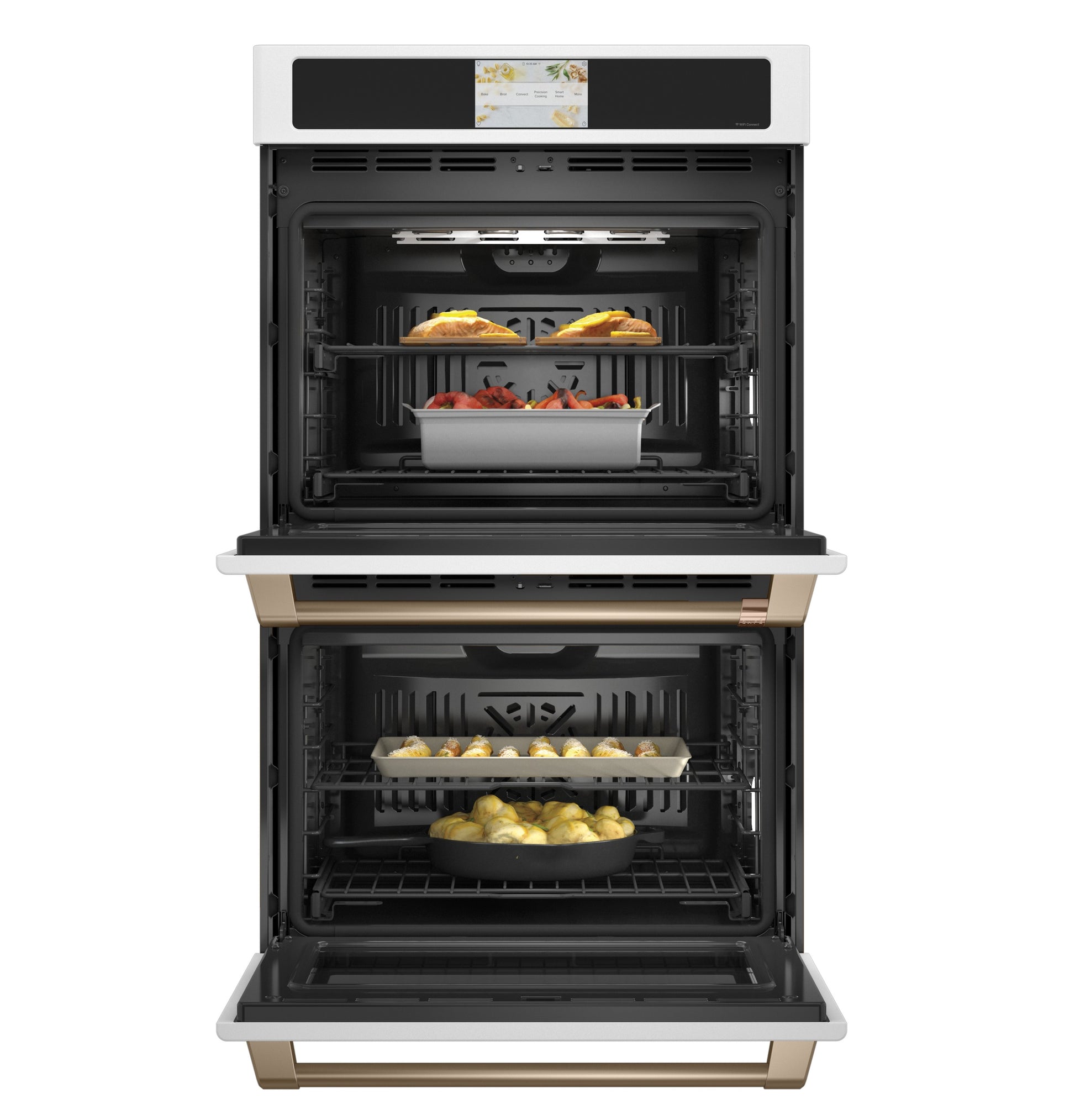 Built-in double wall oven with convection cooking and gold-tone handles shown with food inside from Double Wall Ovens collection