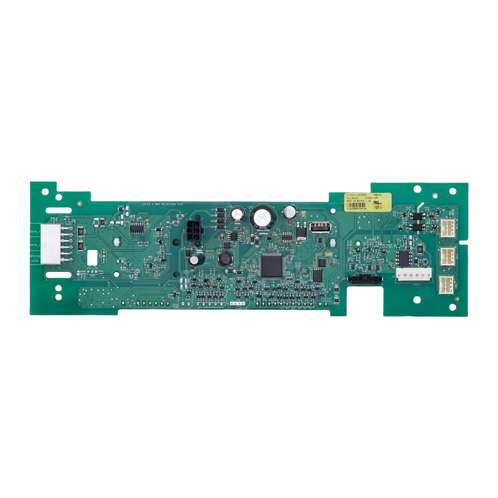 Green printed circuit board with multiple electronic components and connectors from washers and appliances collection