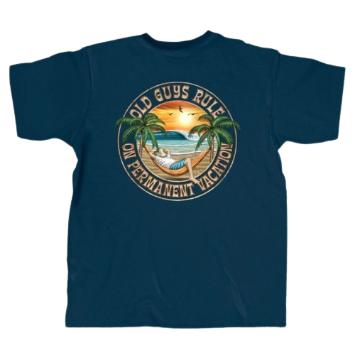 Navy blue shirt with a tropical hammock design and vintage style text for men’s casual clothing collection.
