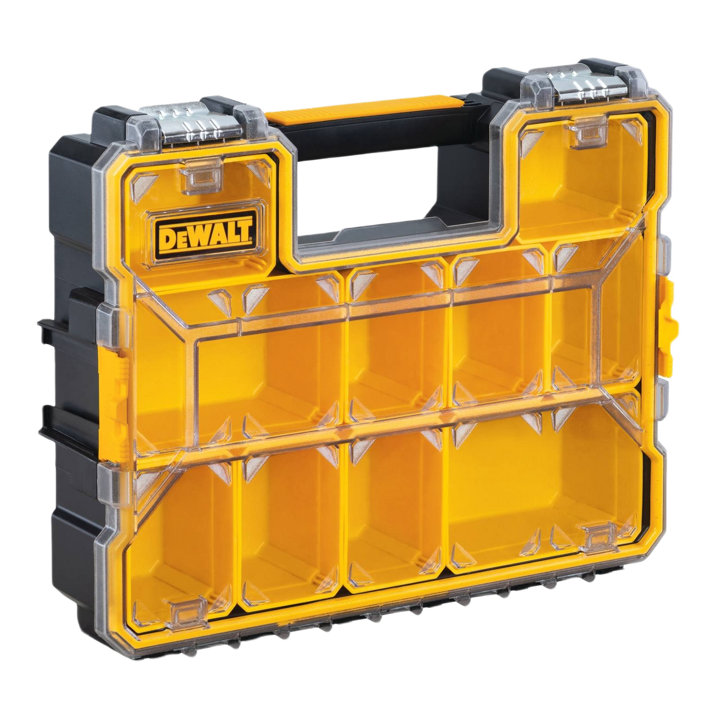 Yellow and black DEWALT storage box with clear top and multiple compartments for tool organization and jobsite storage