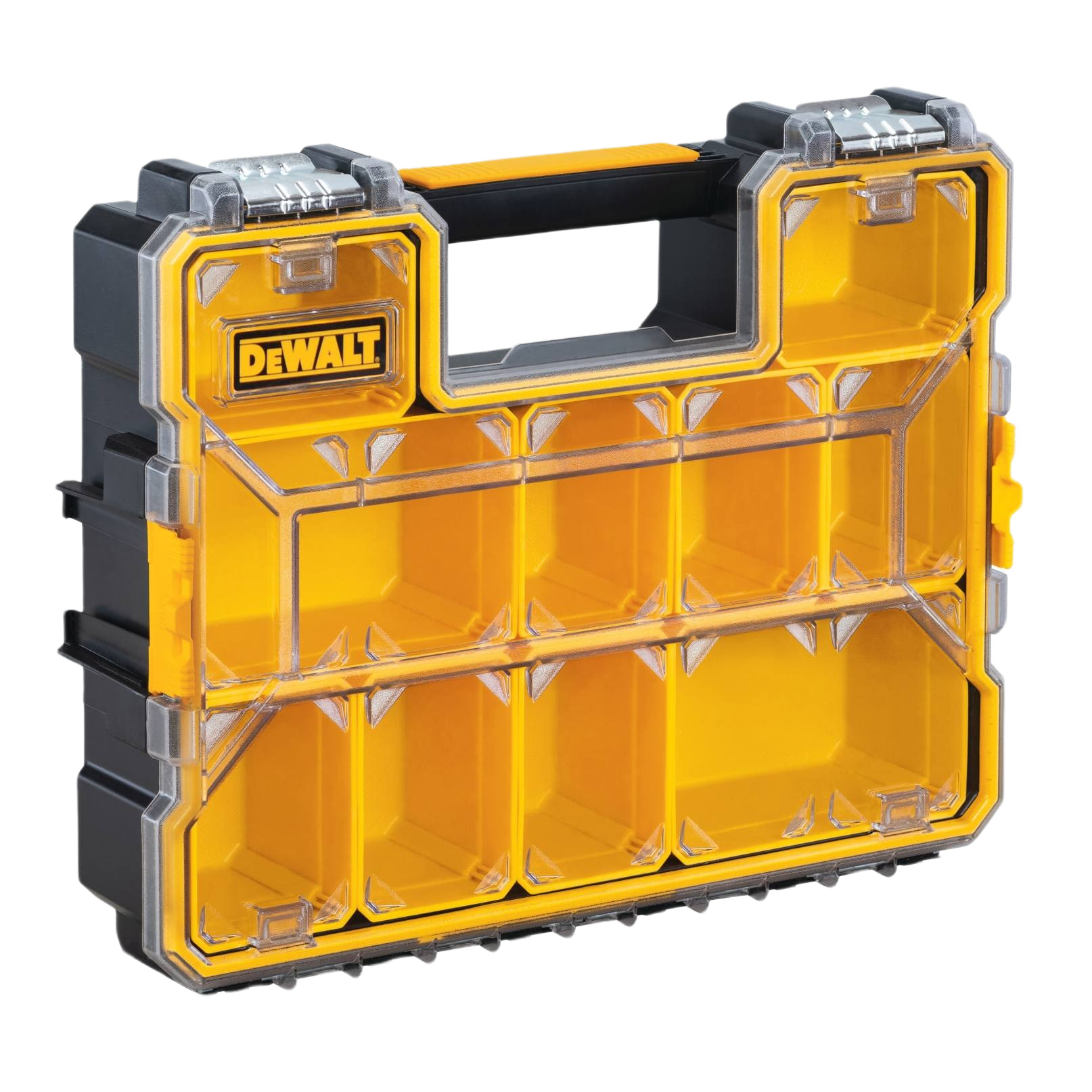 Yellow and black DEWALT storage box with clear top and multiple compartments for tool organization and jobsite storage