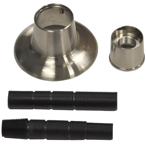Adjustable tub and shower handle flange set with metal finish and two black threaded extension pieces for plumbing installation
