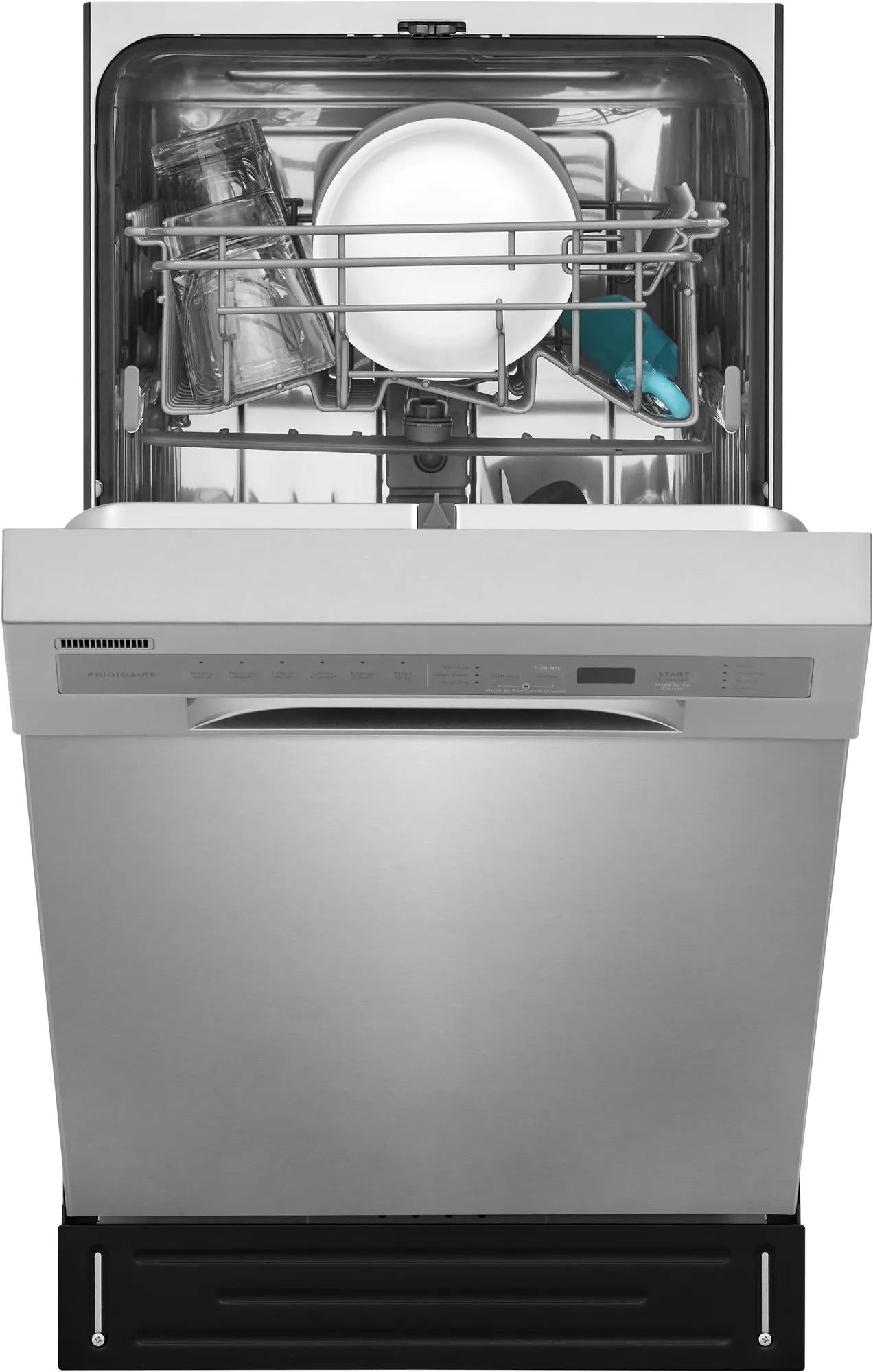 Open stainless steel dishwasher with dishes and glassware inside from kitchen appliances and dishwashers collection