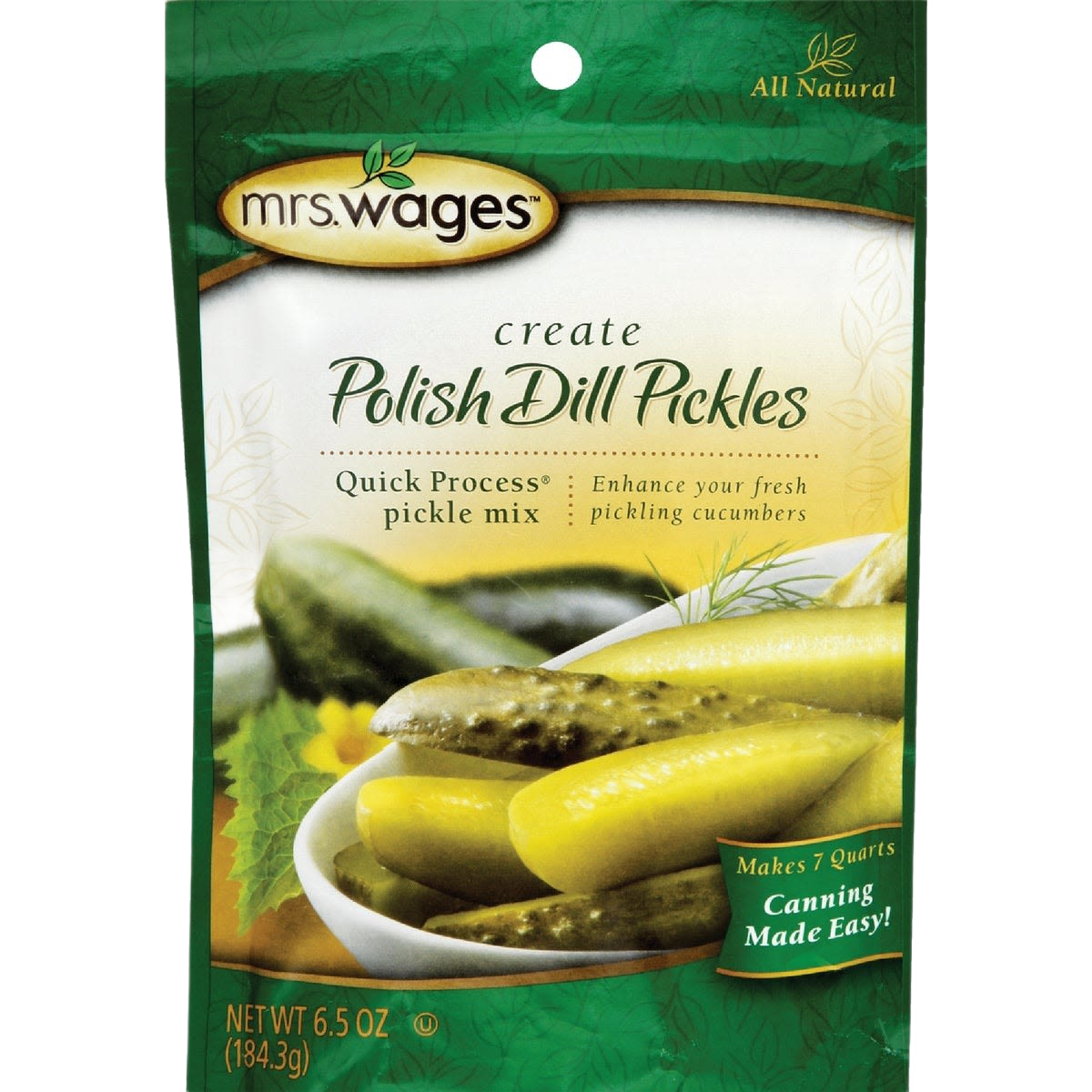 Green and white packet of all natural dill pickling mix with image of pickles in a white bowl for home use