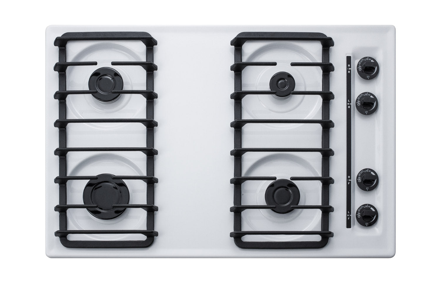 White 30-inch gas cooktop with four burners and black control knobs for home improvement kitchens