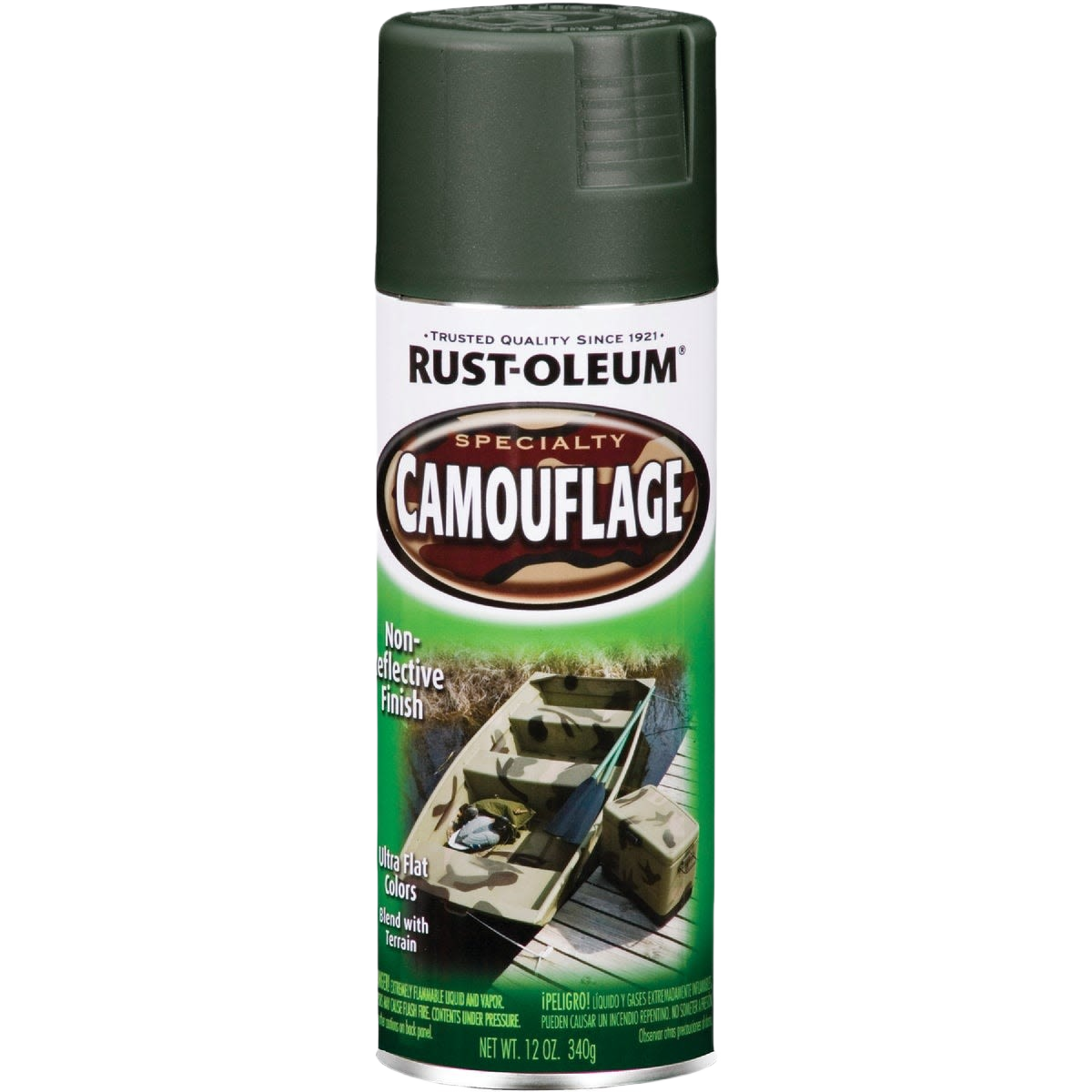 Rust-Oleum Camouflage deep forest green spray paint with non-reflective finish for outdoor home improvement tasks
