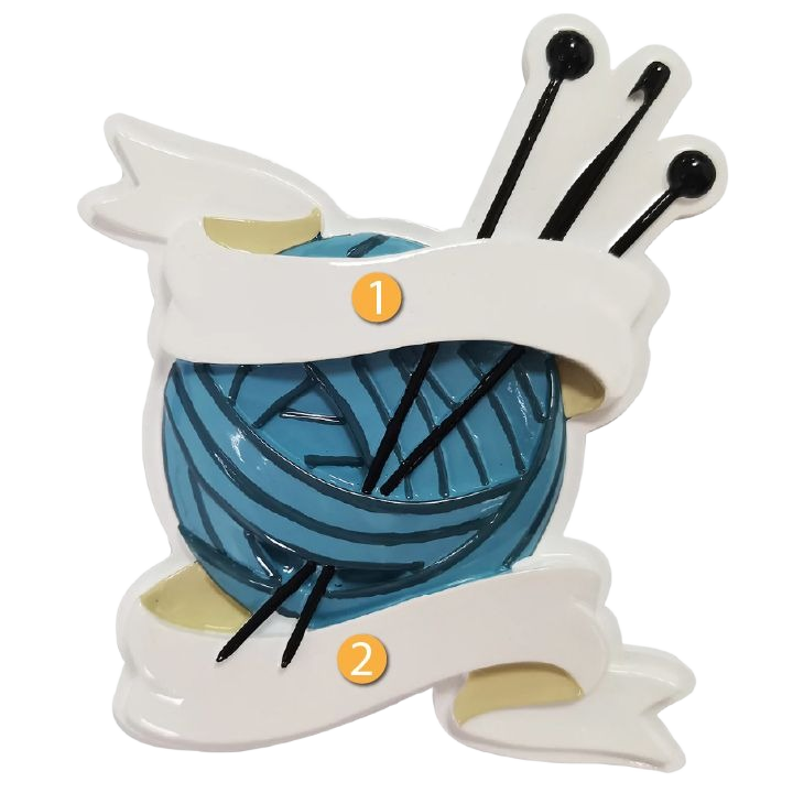 Blue yarn ball with knitting needles and blank white ribbon banner from Christmas Ornaments & Tree Decorations collection