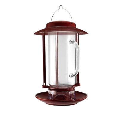 Metal and glass bird feeder with hanging wire and wide protective roof for home garden use