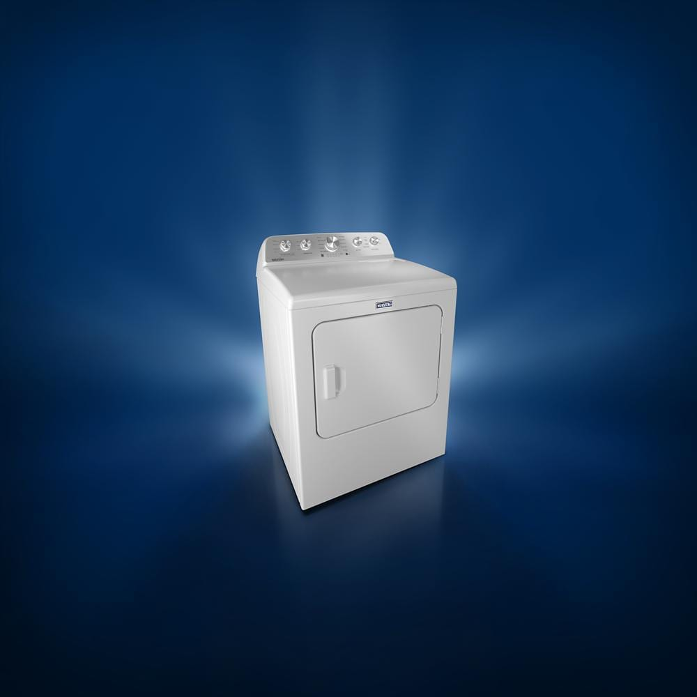 White front-load electric dryer with control panel and knob settings on blue gradient background