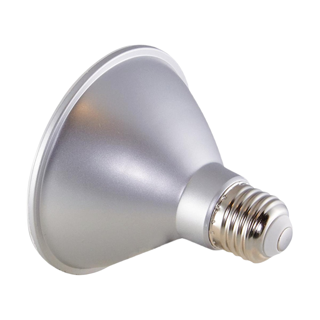 Silver-finished LED floodlight bulb with short neck, designed for energy-efficient residential and commercial lighting needs