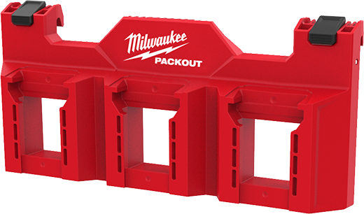 Red Milwaukee PACKOUT tool box accessory designed for secure M18 battery storage and organized workshop storage solutions