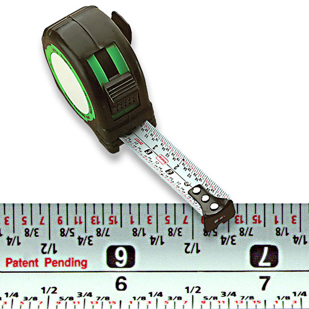Compact black and green tape measure with 25-foot retractable blade for woodworking and measuring tools collections