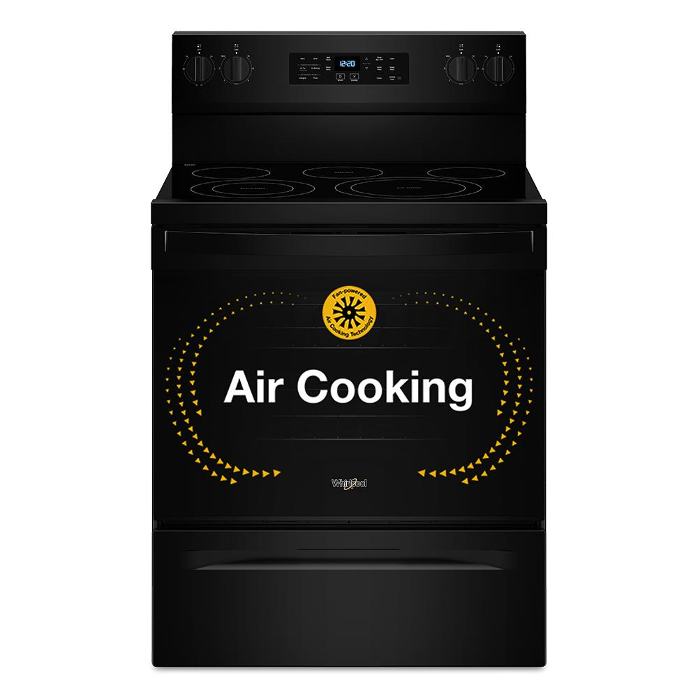 Black 30-inch electric range with digital display and four burners highlighting Energy Star air cooking technology function