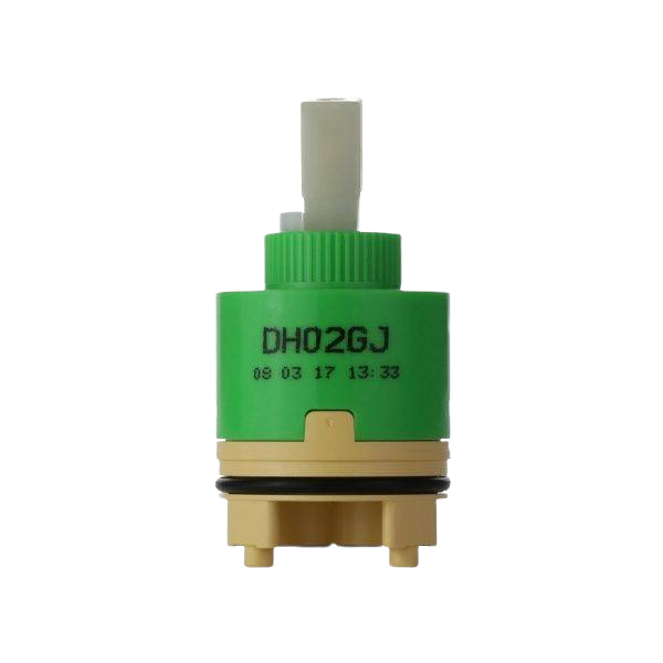 Green and beige faucet cartridge replacement part for single-handle plumbing repair and home improvement projects