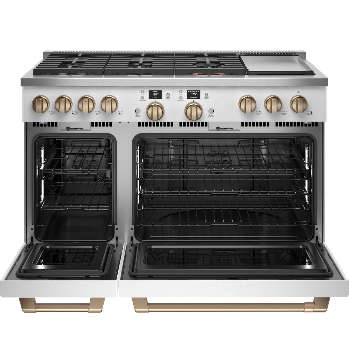 Commercial-style dual-fuel range with six burners, griddle, and two open ovens in kitchen appliances collection